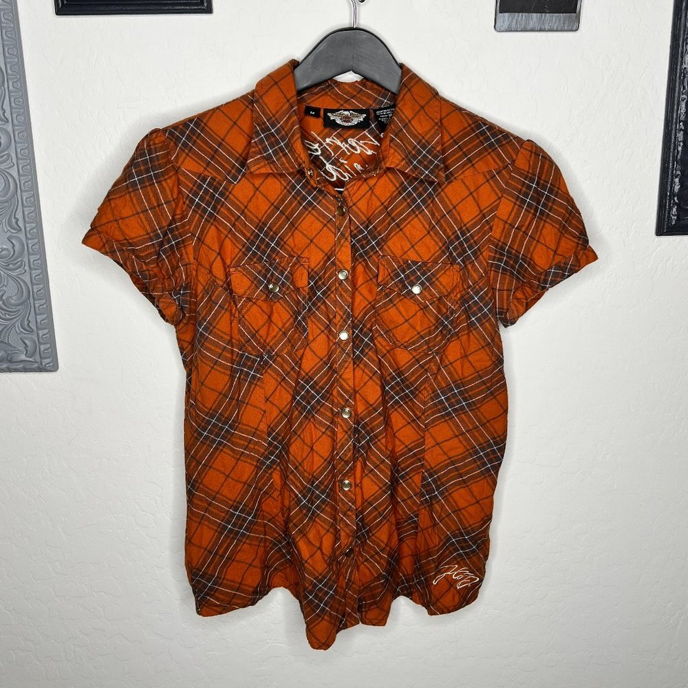 Harley Davidson Orange and Brown Plaid Checker Shirt - Size M